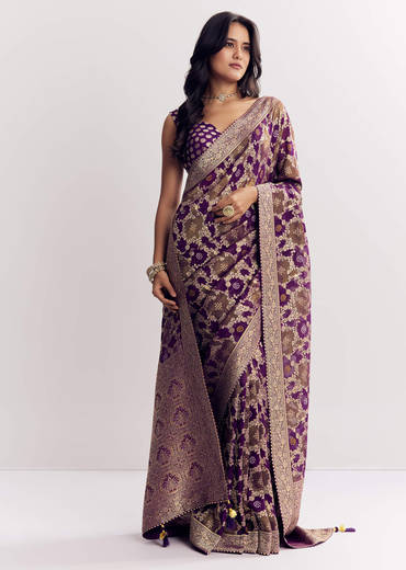 Purple Shaded Georgette Saree With Zari Jaal Work