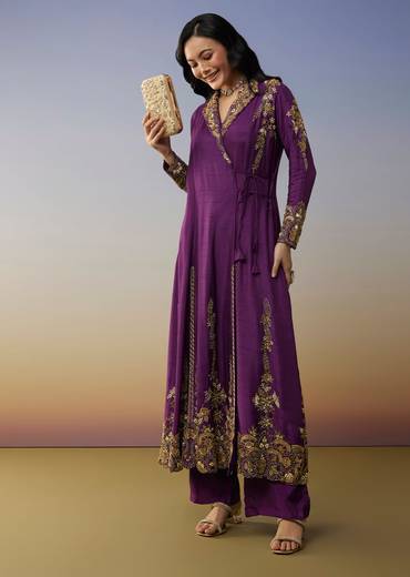 Purple Silk Anarkali Suit with Cut Dana Sequins Work