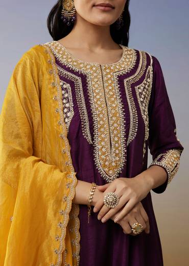 Purple Silk Anarkali Suits with Moti and Sequins Work