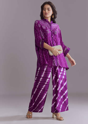 Purple Silk Co-Ord Set With Authentic Bandhani And Leheriya Print