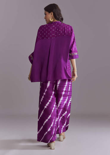 Purple Silk Co-Ord Set With Authentic Bandhani And Leheriya Print