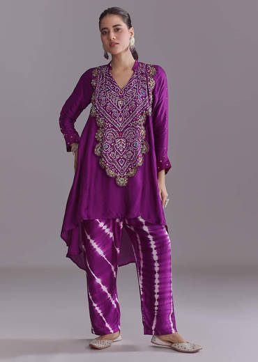 Purple Silk Co-Ord Set With Traditional Bandhani And Leheriya Print