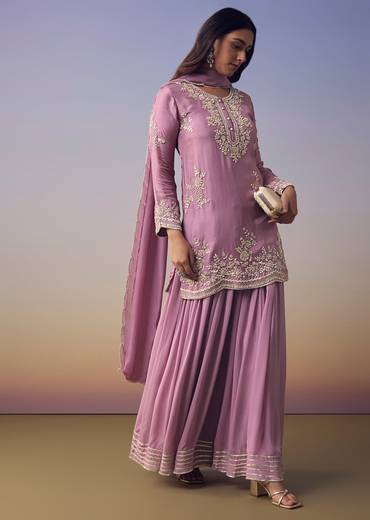 Purple Silk Embroidered Kurta and Palazzo Set