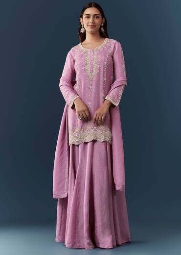 Purple Silk Embroidered Kurta and Skirt Set