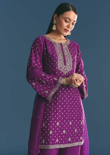 Purple Silk Embroidered Kurta Set With Dupatta