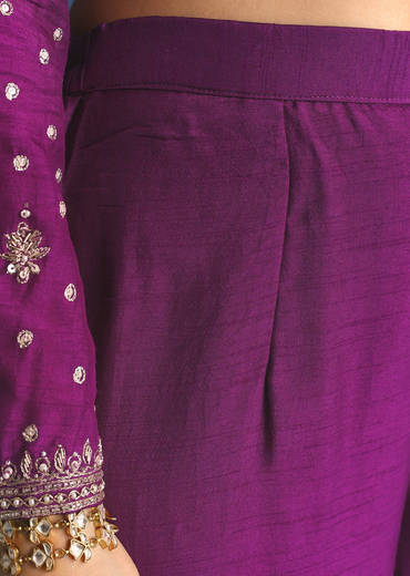 Purple Silk Embroidered Kurta Set With Dupatta