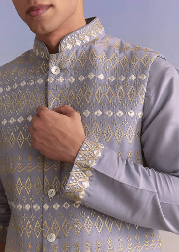 Purple Silk Kurta Jacket Set For Men With Mirror Zari And Resham Work
