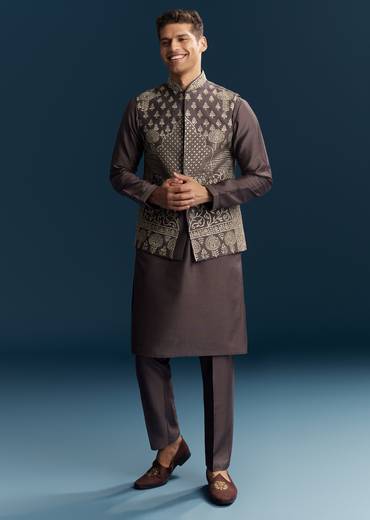 Purple Silk Kurta Jacket Set With Thread Detail Work