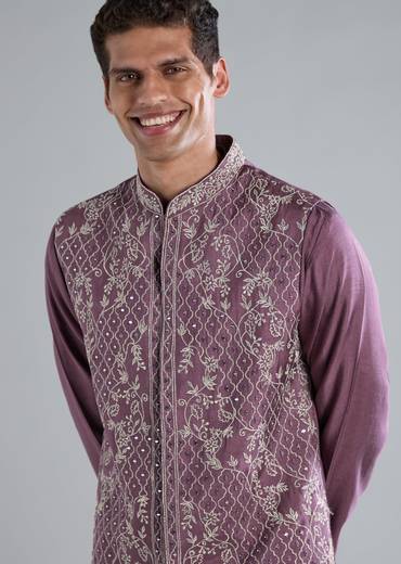 Purple Silk Kurta Jacket Set With Zari Mirror Work