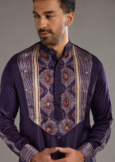 Purple Silk Kurta Set For Men With Hand Dyed Leheriya Print