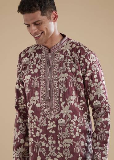 Purple Silk Kurta Set With Thread Resham Detailing