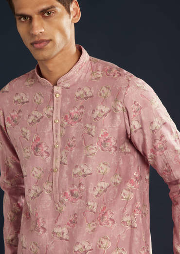 Purple Silk Mens Kurta Set with Floral Motifs