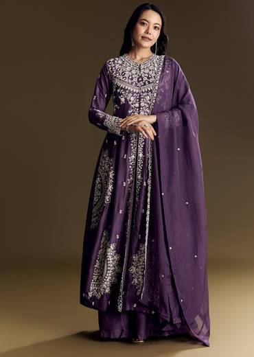 Purple Silk Palazzo Suit With Moti Work