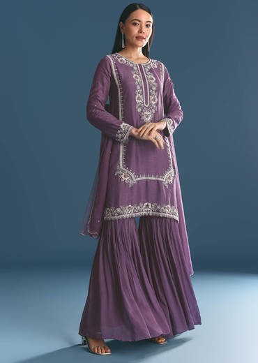 Purple Silk Sequin Work Kurta Sharara With Dupatta