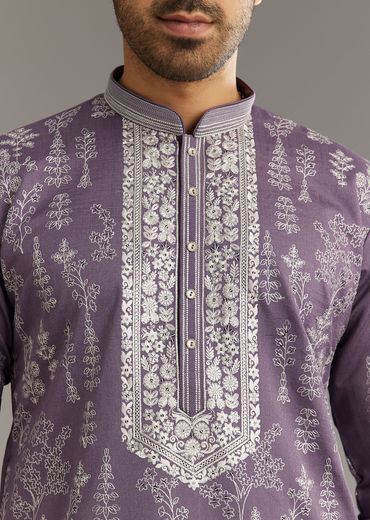 Purple Silk Vine Motif Printed Kurta Set With Thread Work