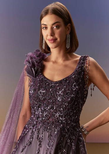 Purple Sleeveless Gown With Floral Shoulder Embroidery And Trail