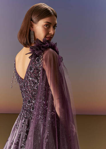 Purple Sleeveless Gown With Floral Shoulder Embroidery And Trail