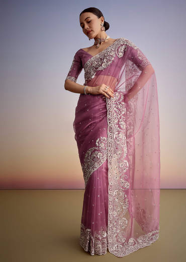 Purple Tissue Embellished Saree With Floral Embroidery All Over