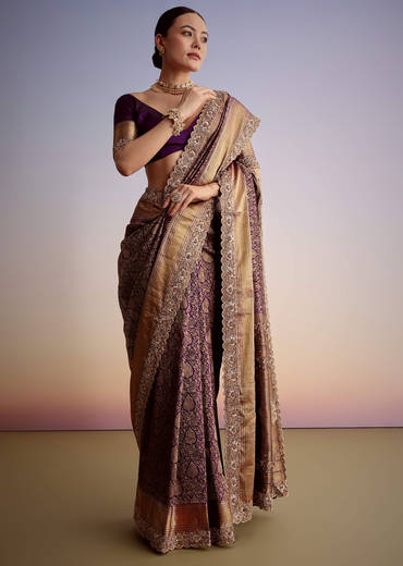 Purple Tissue Embellished Saree With Floral Embroidery