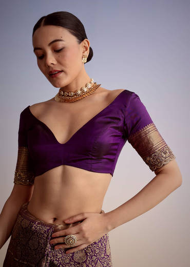 Purple Tissue Embellished Saree With Floral Embroidery