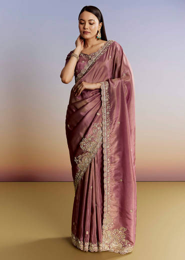 Purple Tissue Saree With Cutdana Sequins And Resham Knot Work