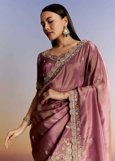 Purple Tissue Saree With Cutdana Sequins And Resham Knot Work