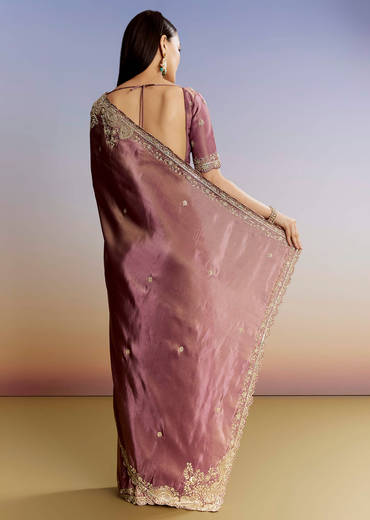 Purple Tissue Saree With Cutdana Sequins And Resham Knot Work