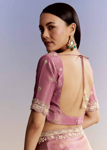 Purple Tissue Saree With Cutdana Sequins And Resham Knot Work