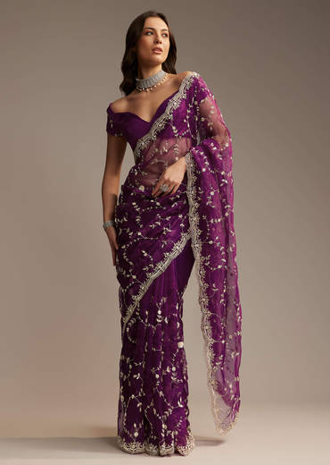 Purple Tissue Saree with Heavy Floral Embroidery