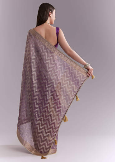 Purple Tissue Saree With Zig Zag Weave And Zari Border