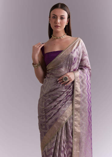 Purple Tissue Saree With Zig Zag Weave And Zari Border