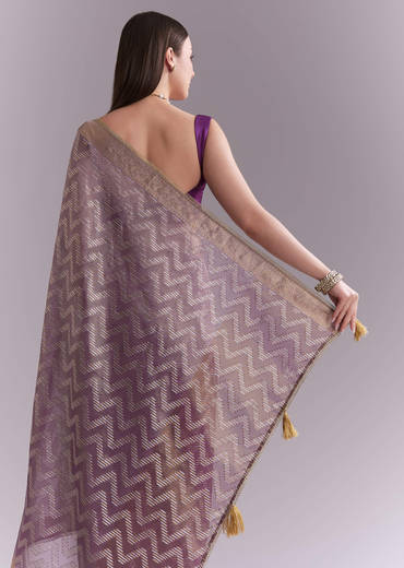 Purple Tissue Saree With Zig Zag Weave And Zari Border