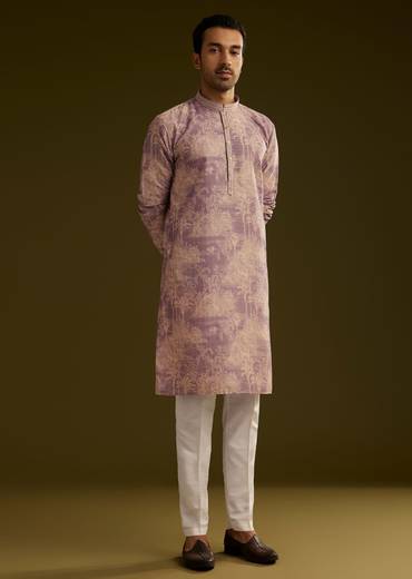 Purple Tree Motif Printed Silk Kurta Set