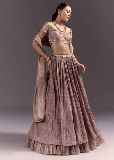 Purple Tussar Lehenga Set With Copper Coin Metal Embroidery