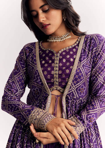Purple Weave Silk Indowestern Set With Bandhani Print Zari Work Jacket