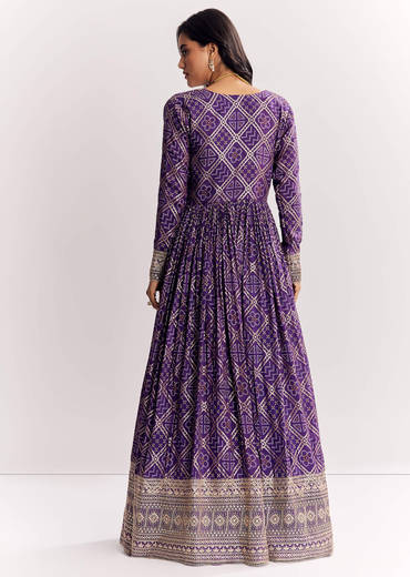 Purple Weave Silk Indowestern Set With Bandhani Print Zari Work Jacket
