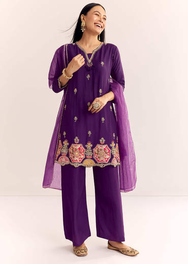 Purple Zardosi Work Dola Silk Kurta With Organza Dupatta