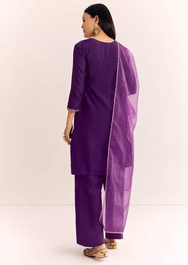 Purple Zardosi Work Dola Silk Kurta With Organza Dupatta