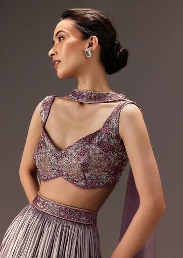 Purple Organza Hand Embellished Ruched Lehenga Set With Choker Dupatta