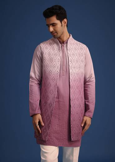 Purple Silk Zardozi Work Jacket And Kurta Set