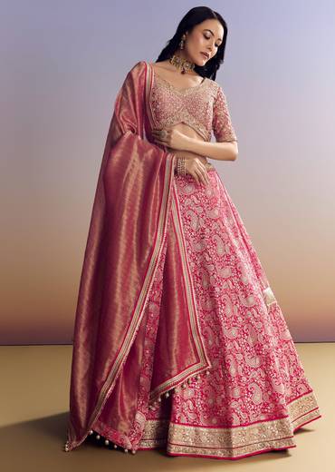 Rani Pink Banarasi Lehenga Set With Embroidered Choli