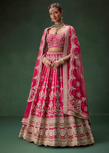 Rani Pink Bridal Lehenga With Embroidered Blouse And Heavily Worked Dupattas