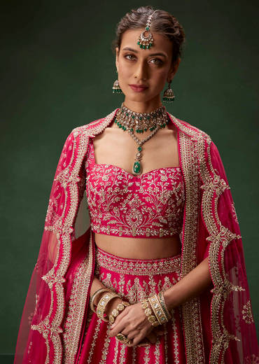 Rani Pink Bridal Lehenga With Embroidered Blouse And Heavily Worked Dupattas