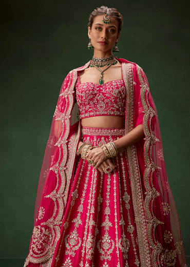 Rani Pink Bridal Lehenga With Embroidered Blouse And Heavily Worked Dupattas
