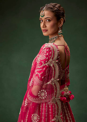 Rani Pink Bridal Lehenga With Embroidered Blouse And Heavily Worked Dupattas