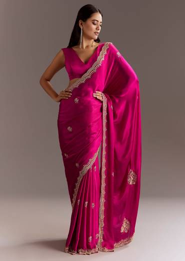 Rani Pink Chinon Saree With Cutdana Butta And Scallop Border