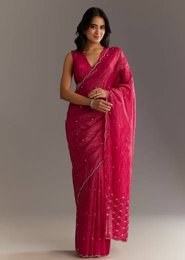 Rani Pink Crushed Tissue Saree With Cutdana And Sequin Embroidery