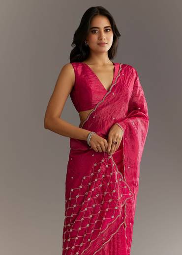 Rani Pink Crushed Tissue Saree With Cutdana And Sequin Embroidery