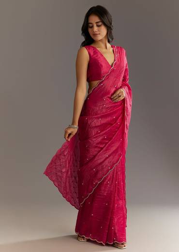 Rani Pink Crushed Tissue Saree With Cutdana And Sequin Embroidery