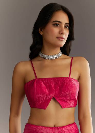 Rani Pink Crushed Tissue Saree With Stone Embellishments And Scallop Border